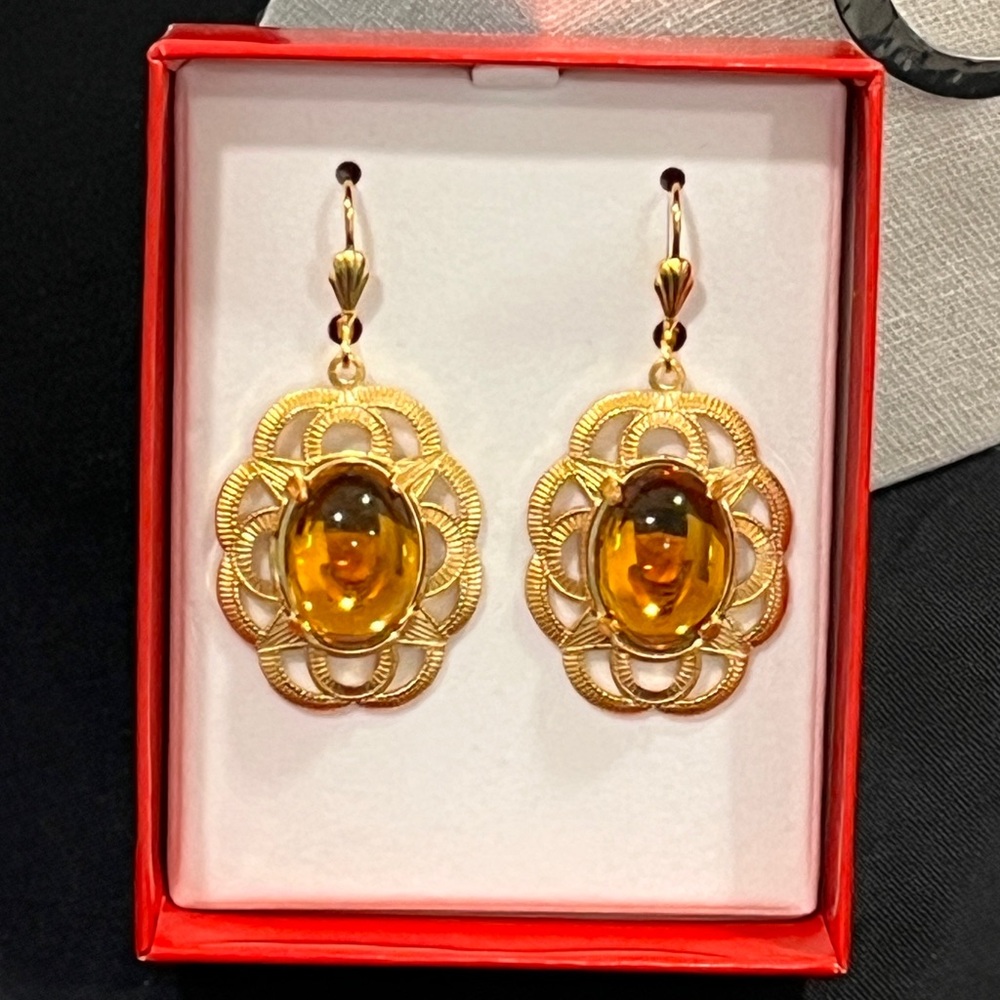NWT 24kt Gold-Plated Gold and Amber Magnolia Statement Earrings